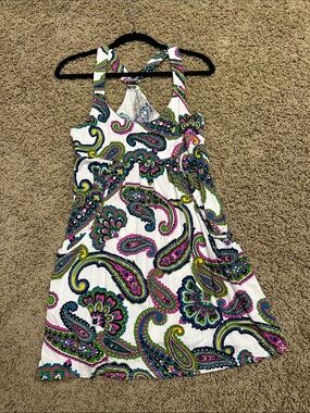 ABS Allen Schwartz White Paisley Swim Coverup with Pink, Green & Blue Accents